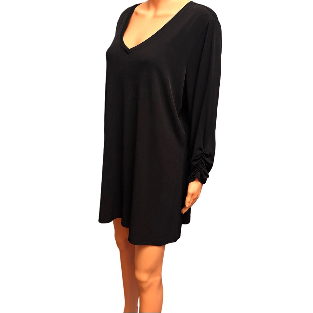 Susan Graver Black Long Ruched Sleeve V-Neck Soft Stretch Mini Shirt Dress Sz XL